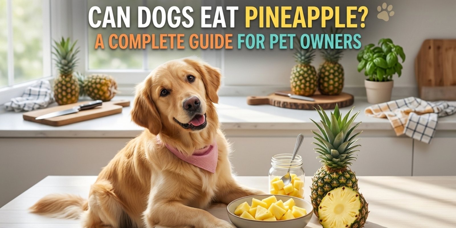 A golden retriever in a kitchen with fresh pineapple, illustrating the guide: "Can Dogs Eat Pineapple? A Complete Guide for Pet Owners."